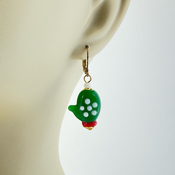 Host Pick! New Green Christmas Mitten Earrings, Handmade, Lamp Work Glass, Gift - Picture 2 of 10
